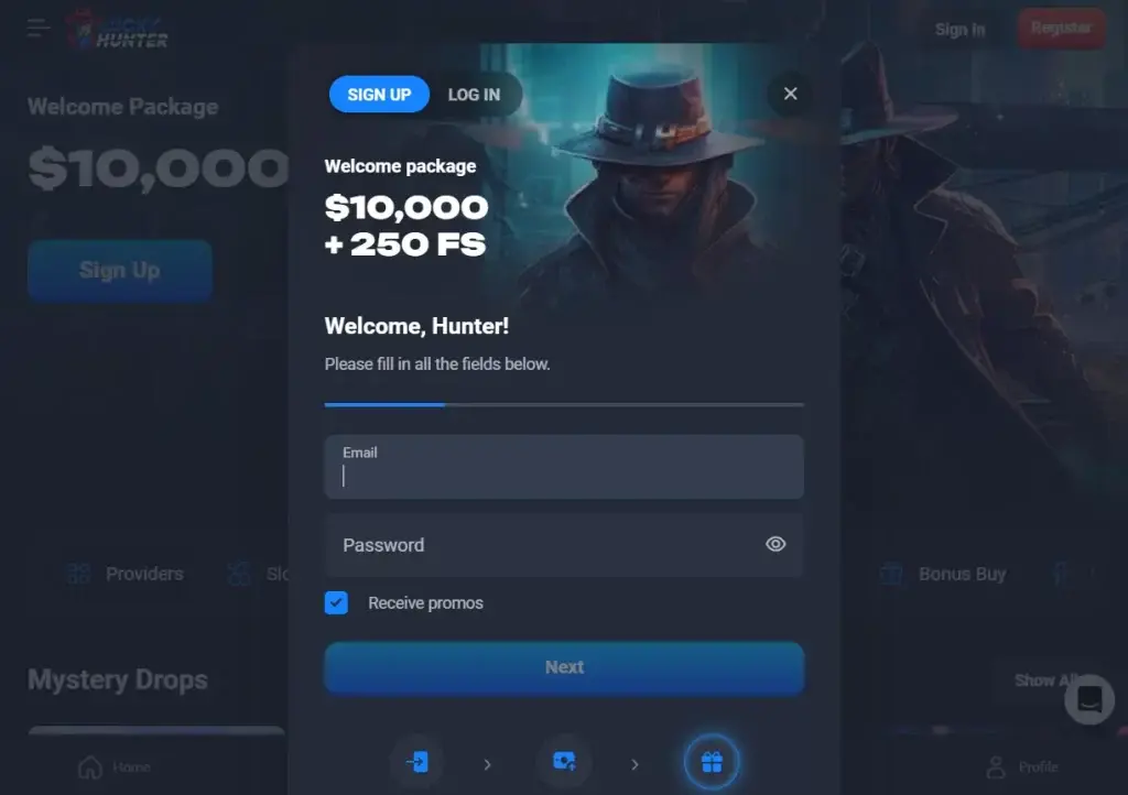 Page for Registration before Doing Lucky Hunter Login